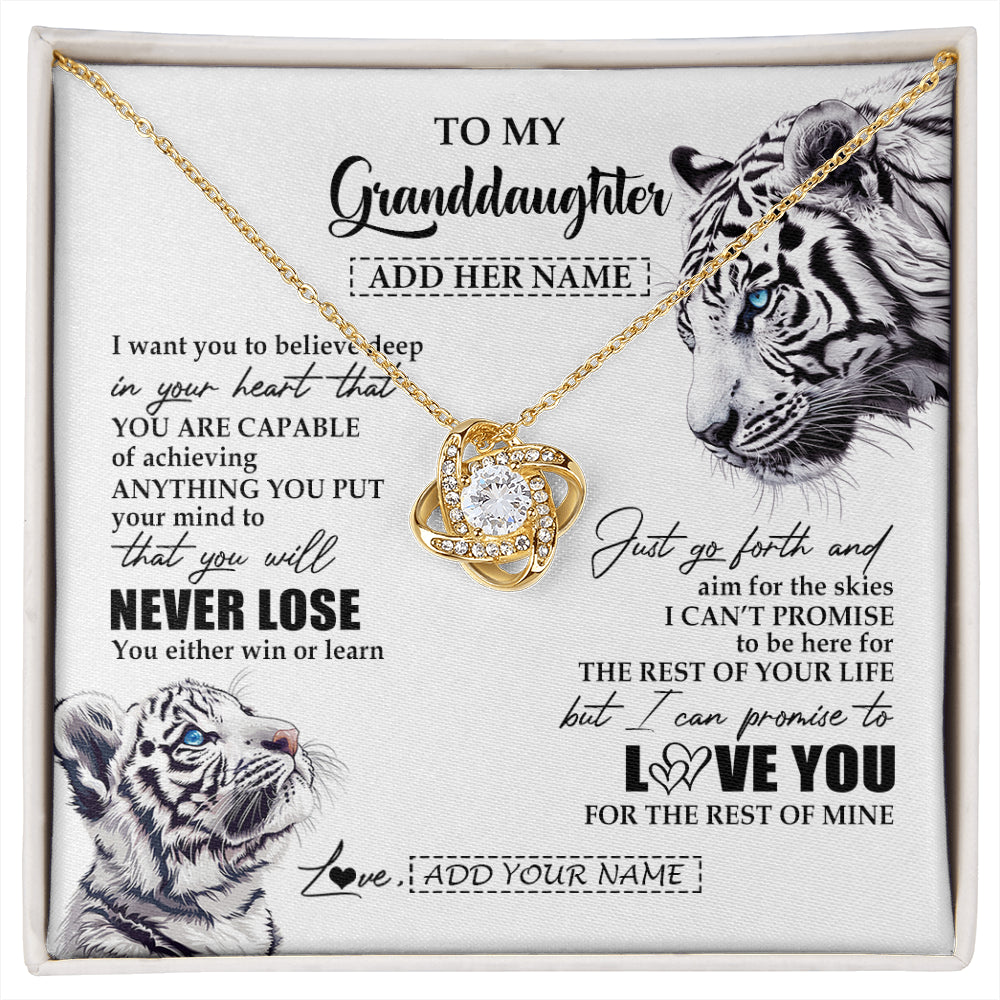 Love Knot Necklace 18K Yellow Gold Finish | 1 | Personalized To My Granddaughter Necklace From Grandma Grandpa You Will Never Lose White Tiger Granddaughter Birthday Gifts Christmas Gift Box Message Card | siriusteestore