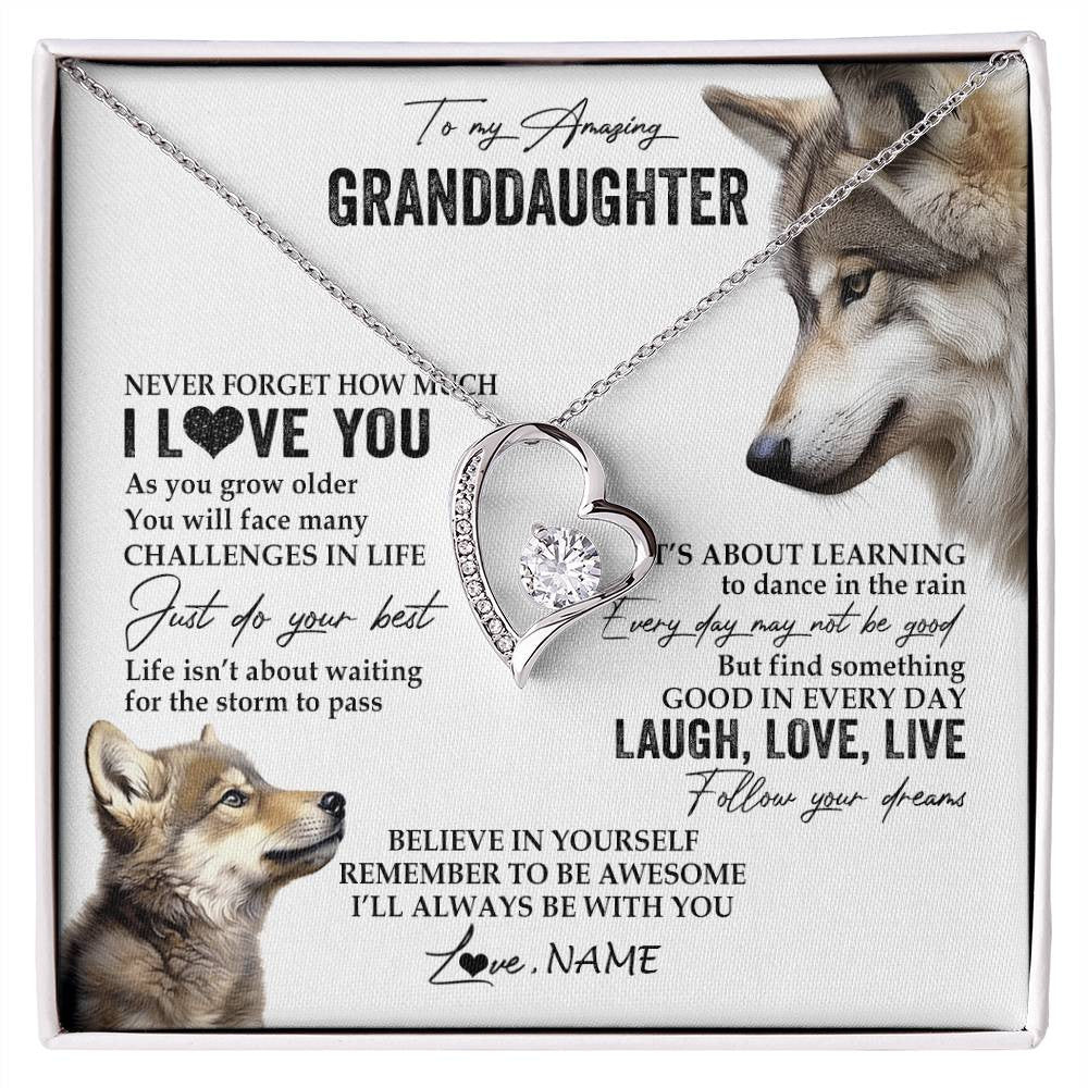 Forever Love Necklace 14K White Gold Finish | 1 | Personalized To My Granddaughter Necklace From Grandma Just Do You Best Laugh Love Live Wolf Granddaughter Birthday Christmas Customized Gift Box Message Card | siriusteestore