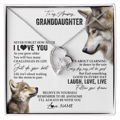 Forever Love Necklace 14K White Gold Finish | 1 | Personalized To My Granddaughter Necklace From Grandma Just Do You Best Laugh Love Live Wolf Granddaughter Birthday Christmas Customized Gift Box Message Card | siriusteestore