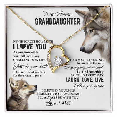 Forever Love Necklace 18K Yellow Gold Finish | 1 | Personalized To My Granddaughter Necklace From Grandma Just Do You Best Laugh Love Live Wolf Granddaughter Birthday Christmas Customized Gift Box Message Card | siriusteestore