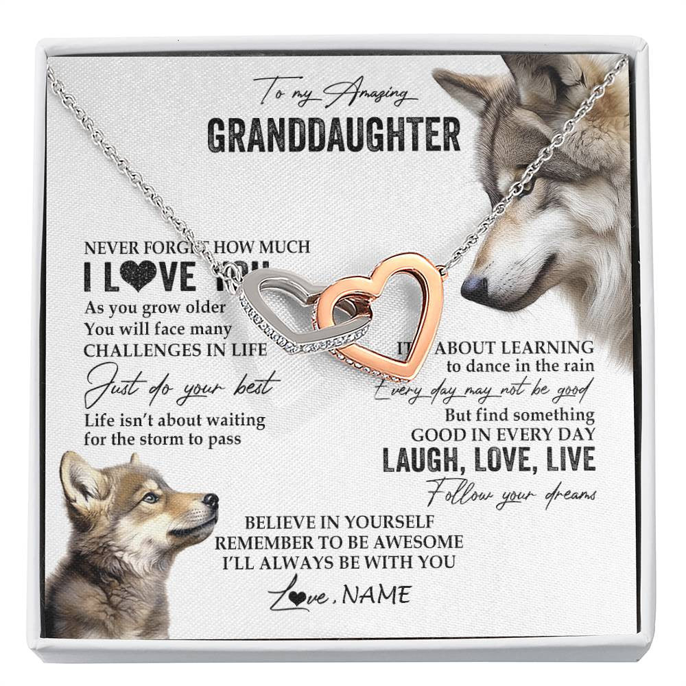 Interlocking Hearts Necklace Stainless Steel & Rose Gold Finish | 1 | Personalized To My Granddaughter Necklace From Grandma Just Do You Best Laugh Love Live Wolf Granddaughter Birthday Christmas Customized Gift Box Message Card | siriusteestore