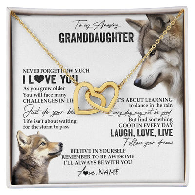 Interlocking Hearts Necklace 18K Yellow Gold Finish | 1 | Personalized To My Granddaughter Necklace From Grandma Just Do You Best Laugh Love Live Wolf Granddaughter Birthday Christmas Customized Gift Box Message Card | siriusteestore