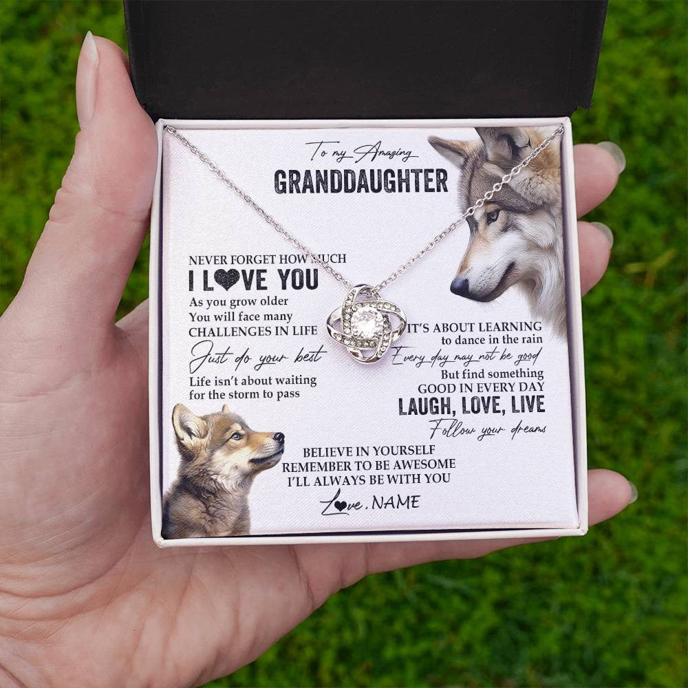 Love Knot Necklace 14K White Gold Finish | 2 | Personalized To My Granddaughter Necklace From Grandma Just Do You Best Laugh Love Live Wolf Granddaughter Birthday Christmas Customized Gift Box Message Card | siriusteestore
