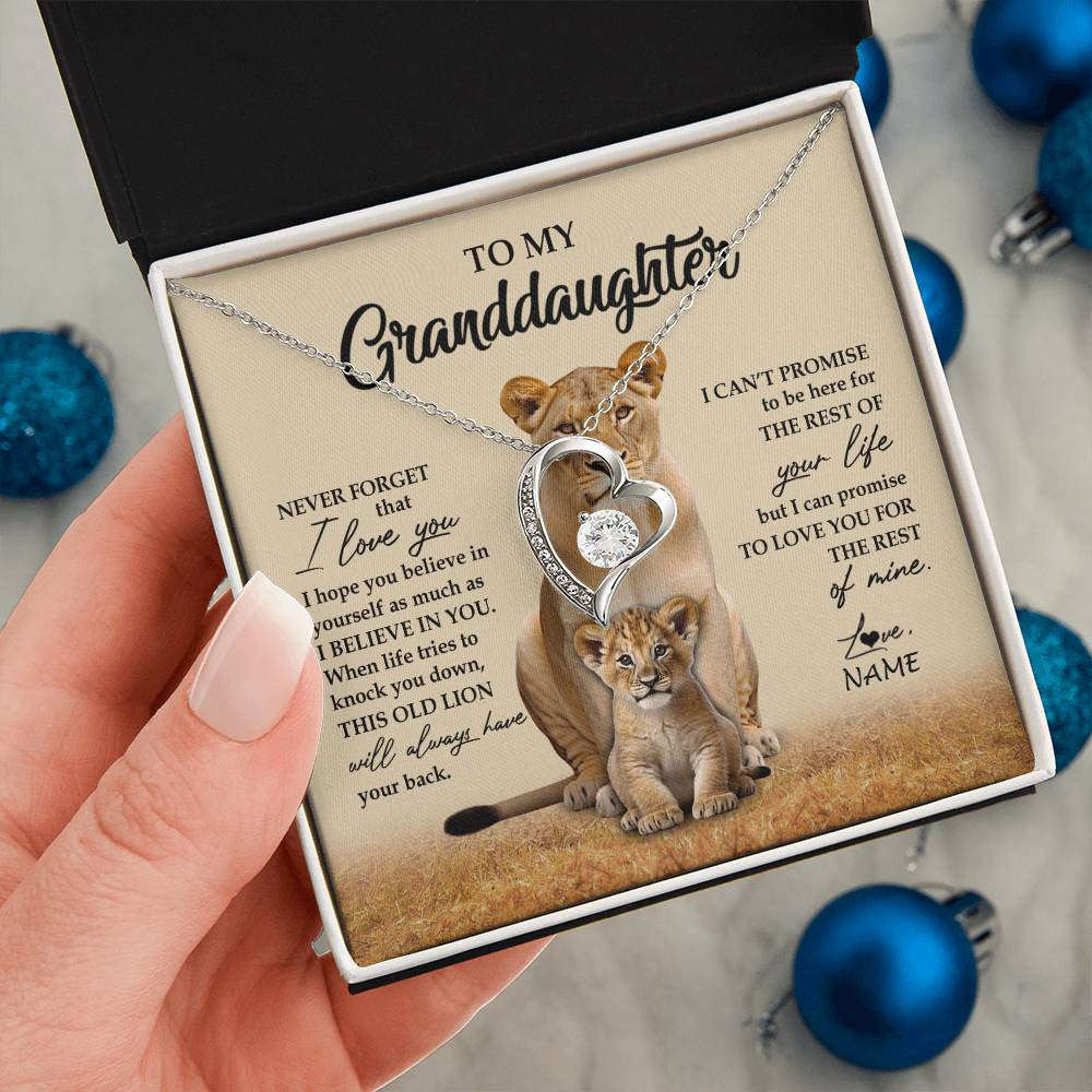 Forever Love Necklace 14K White Gold Finish | 2 | Personalized To My Granddaughter Necklace From Grandma Lion Never Forget That I Love You Granddaughter Jewelry Birthday Christmas Customized Message Card | siriusteestore
