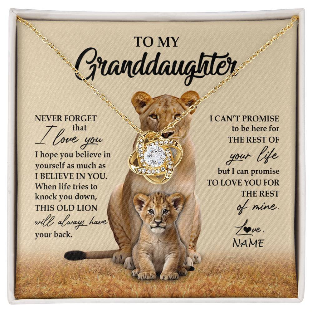 Love Knot Necklace 18K Yellow Gold Finish | 1 | Personalized To My Granddaughter Necklace From Grandma Lion Never Forget That I Love You Granddaughter Jewelry Birthday Christmas Customized Message Card | siriusteestore