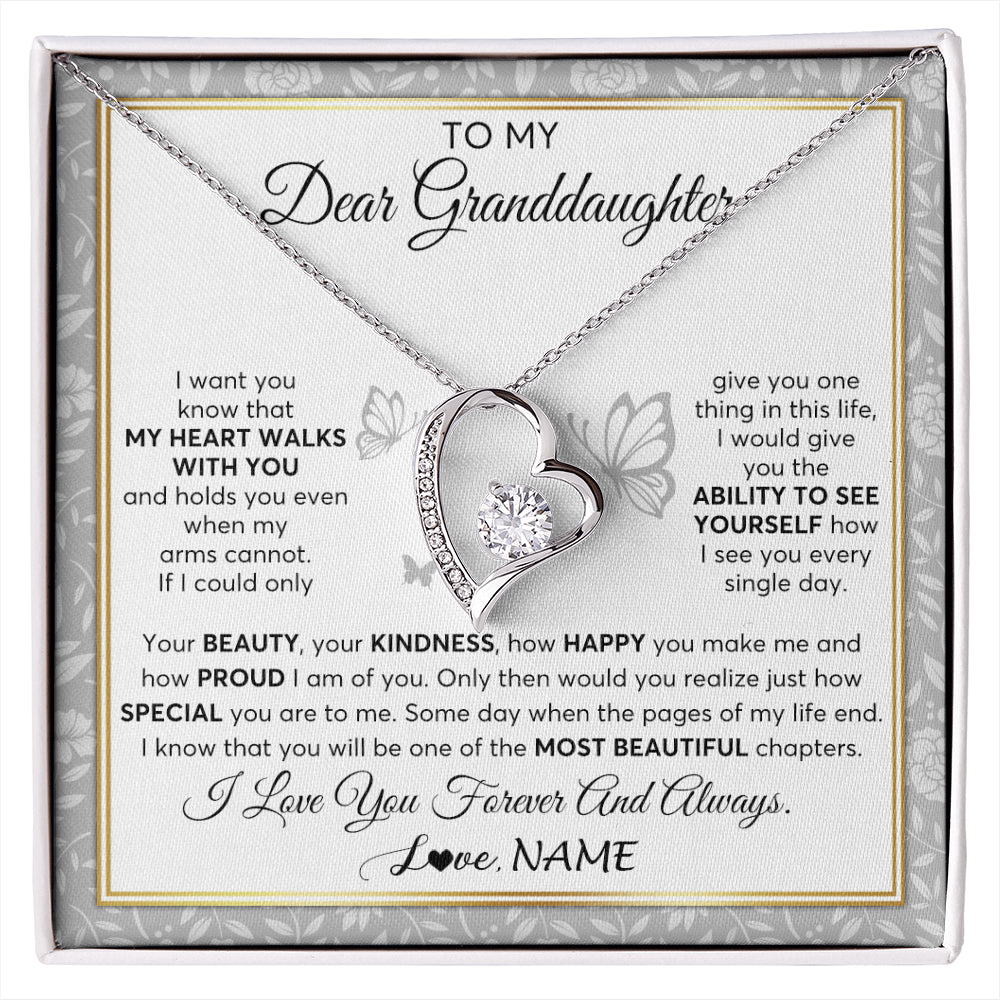 Forever Love Necklace 14K White Gold Finish | 1 | Personalized To My Granddaughter Necklace From Grandma My Heart Walks With You Granddaughter Birthday Gifts Jewelry Christmas Customized Gift Box Message Card | siriusteestore