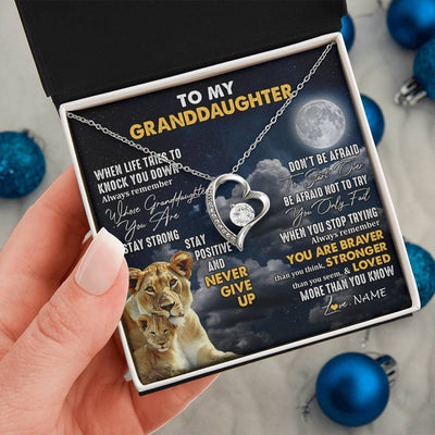 Forever Love Necklace 14K White Gold Finish | 2 | Personalized To My Granddaughter Necklace From Grandma Nana Lion Never Give Up Granddaughter Birthday Graduation Christmas Customized Gift Box Message Card | siriusteestore