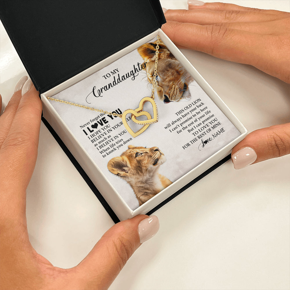 Interlocking Hearts Necklace 18K Yellow Gold Finish | 2 | Personalized To My Granddaughter Necklace From Grandma Nana Never Forget I Love You Lion Granddaughter Birthday Christmas Customized Message Card | siriusteestore