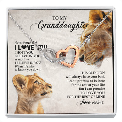 Interlocking Hearts Necklace Stainless Steel & Rose Gold Finish | 1 | Personalized To My Granddaughter Necklace From Grandma Nana Never Forget I Love You Lion Granddaughter Birthday Christmas Customized Message Card | siriusteestore