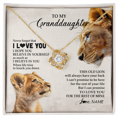 Love Knot Necklace 18K Yellow Gold Finish | 1 | Personalized To My Granddaughter Necklace From Grandma Nana Never Forget I Love You Lion Granddaughter Birthday Christmas Customized Message Card | siriusteestore