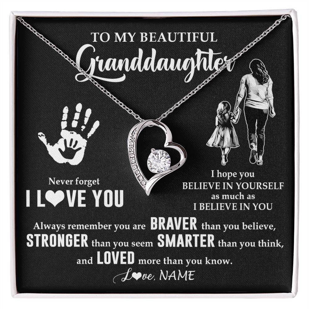 Forever Love Necklace 14K White Gold Finish | 1 | Personalized To My Granddaughter Necklace From Grandma Never Forget I Love You Granddaughter Birthday Christmas Graduation Customized Gift Box Message Card | siriusteestore