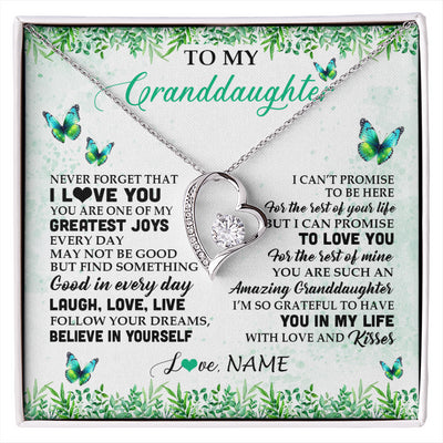 Forever Love Necklace 14K White Gold Finish | 1 | Personalized To My Granddaughter Necklace From Grandma Papa Butterfly Laugh Love Live Birthday Motivational Quote Christmas Customized Gift Box Message Card | siriusteestore