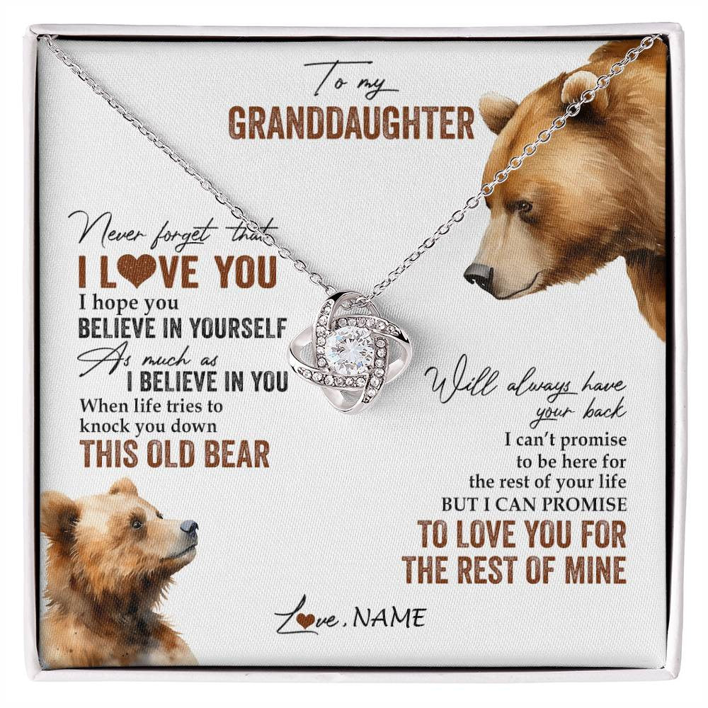 Love Knot Necklace 14K White Gold Finish | 1 | Personalized To My Granddaughter Necklace From Grandma Papa Never Forget That I Love You Bear Granddaughter Birthday Christmas Customized Gift Box Message Card | siriusteestore