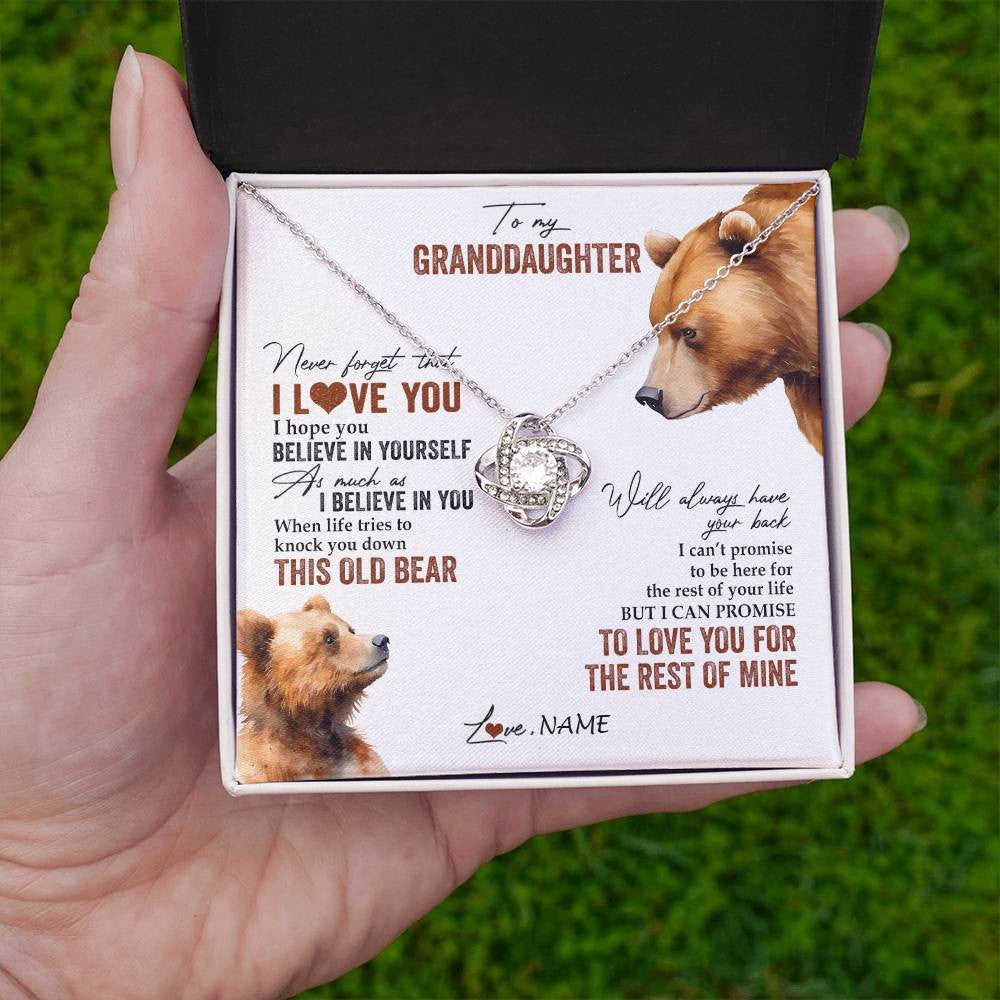 Love Knot Necklace 14K White Gold Finish | 2 | Personalized To My Granddaughter Necklace From Grandma Papa Never Forget That I Love You Bear Granddaughter Birthday Christmas Customized Gift Box Message Card | siriusteestore