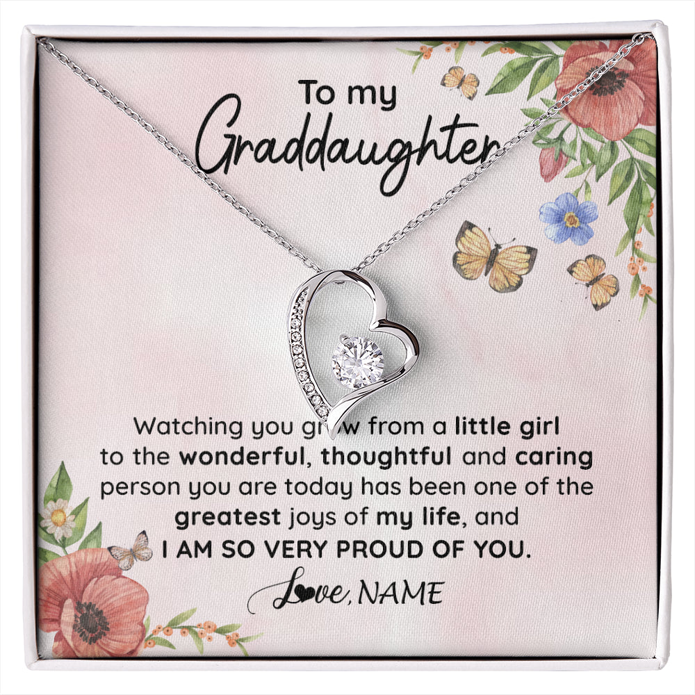 Forever Love Necklace 14K White Gold Finish | 1 | Personalized To My Granddaughter Necklace From Grandma Papa Watching You Grow Granddaughter Birthday Graduation Christmas Customized Gift Box Message Card | siriusteestore