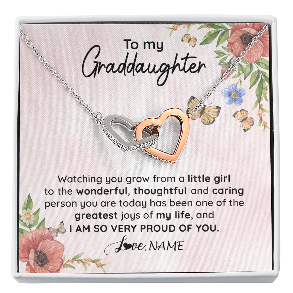 Interlocking Hearts Necklace Stainless Steel & Rose Gold Finish | 1 | Personalized To My Granddaughter Necklace From Grandma Papa Watching You Grow Granddaughter Birthday Graduation Christmas Customized Gift Box Message Card | siriusteestore