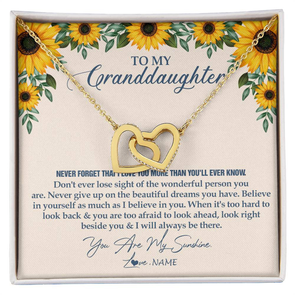 Interlocking Hearts Necklace 18K Yellow Gold Finish | Personalized To My Granddaughter Necklace From Grandma Sunflower You Are My Sunshine Granddaughter Jewelry Graduation Birthday Customized Gift Box Message Card | siriusteestore