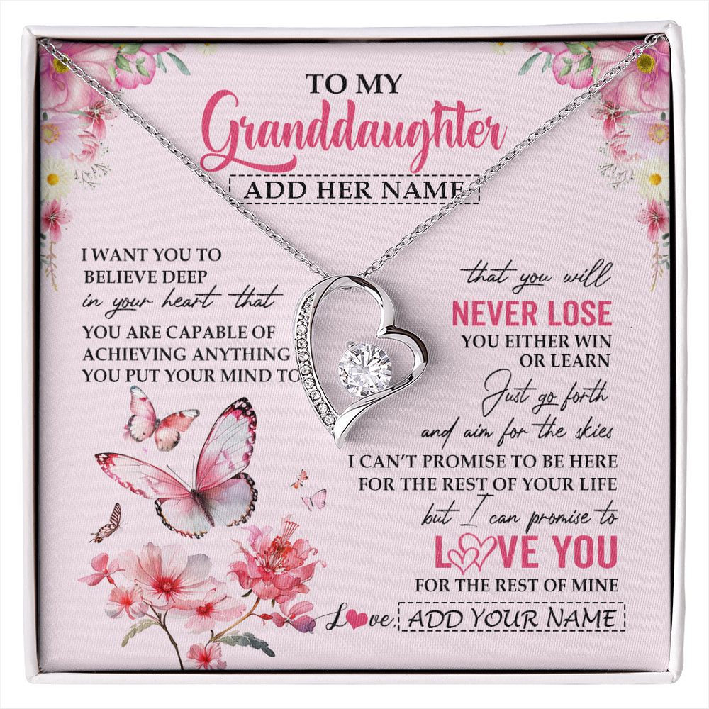 Forever Love Necklace 14K White Gold Finish | 1 | Personalized To My Granddaughter Necklace From Grandma You Will Never Lose Butterfly Granddaughter Birthday Gifts Graduation Christmas Gift Box Message Card | siriusteestore