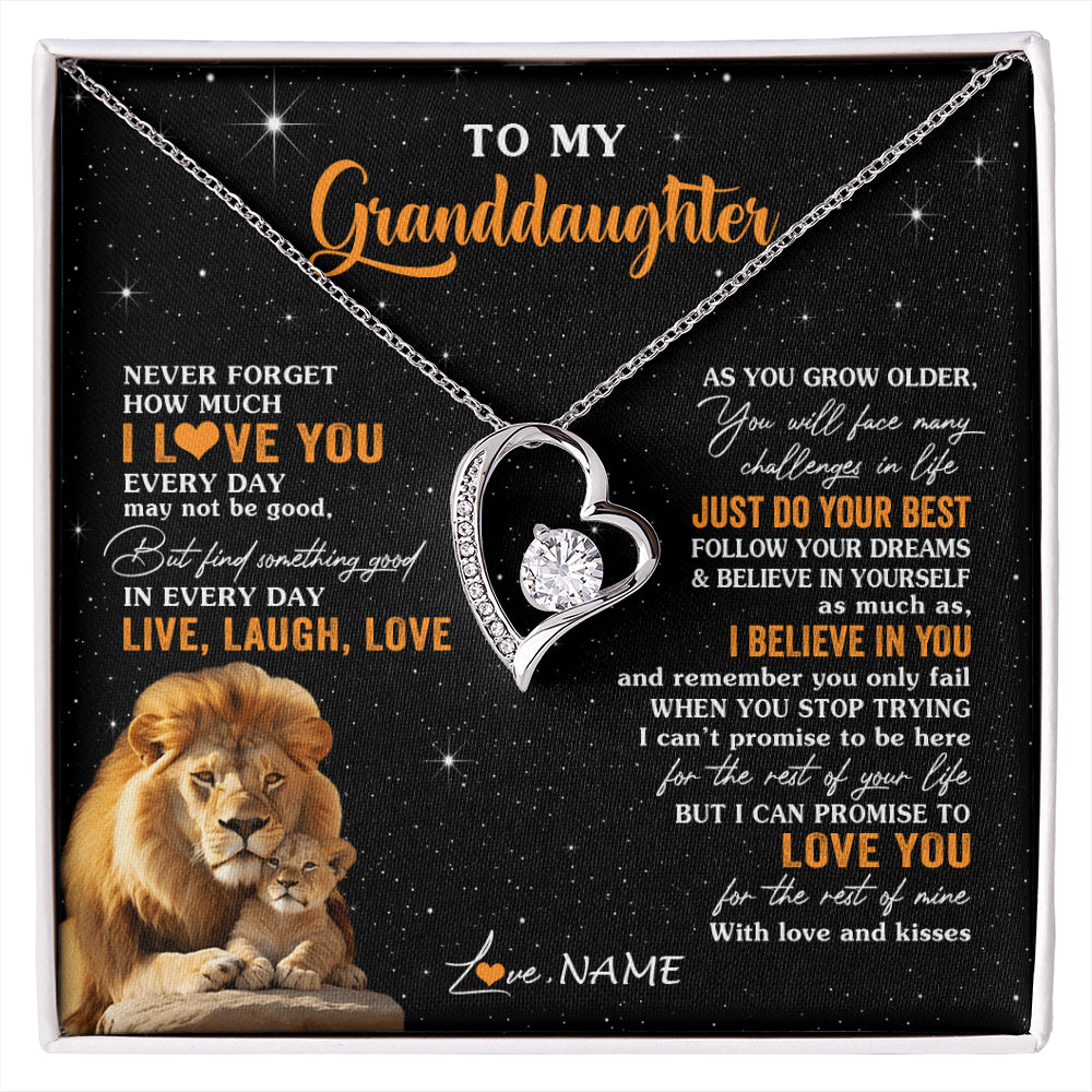 Forever Love Necklace 14K White Gold Finish | 1 | Personalized To My Granddaughter Necklace From Grandpa Live Laugh Love Lion Birthday Gifts Positive Graduation Christmas Customized Gift Box Message Card | siriusteestore