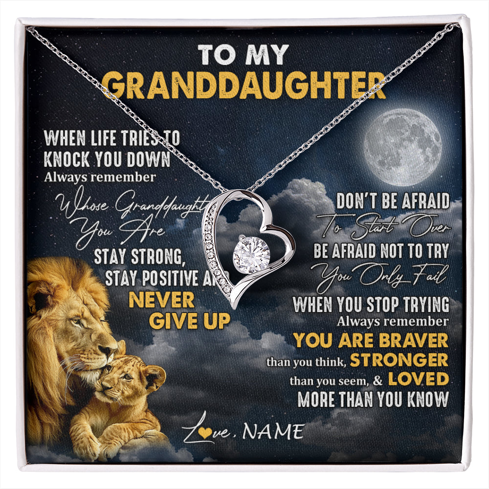 Forever Love Necklace 14K White Gold Finish | 1 | Personalized To My Granddaughter Necklace From Papa Grandpa Lion Never Give Up Granddaughter Birthday Graduation Christmas Customized Gift Box Message Card | siriusteestore