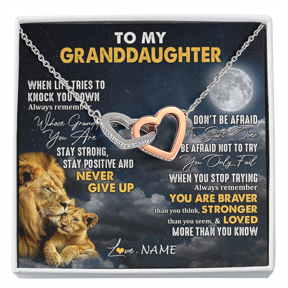 Interlocking Hearts Necklace Stainless Steel & Rose Gold Finish | 1 | Personalized To My Granddaughter Necklace From Papa Grandpa Lion Never Give Up Granddaughter Birthday Graduation Christmas Customized Gift Box Message Card | siriusteestore