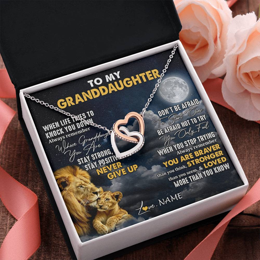 Interlocking Hearts Necklace Stainless Steel & Rose Gold Finish | 2 | Personalized To My Granddaughter Necklace From Papa Grandpa Lion Never Give Up Granddaughter Birthday Graduation Christmas Customized Gift Box Message Card | siriusteestore