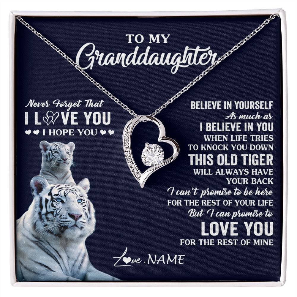 Forever Love Necklace 14K White Gold Finish | 1 | Personalized To My Granddaughter Necklace Gift From Grandma This Old Tiger Love You Granddaughter Birthday Graduation Christmas Custom Gift Box Message Card | siriusteestore