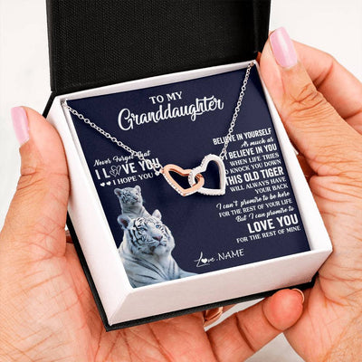 Interlocking Hearts Necklace Stainless Steel & Rose Gold Finish | 2 | Personalized To My Granddaughter Necklace Gift From Grandma This Old Tiger Love You Granddaughter Birthday Graduation Christmas Custom Gift Box Message Card | siriusteestore