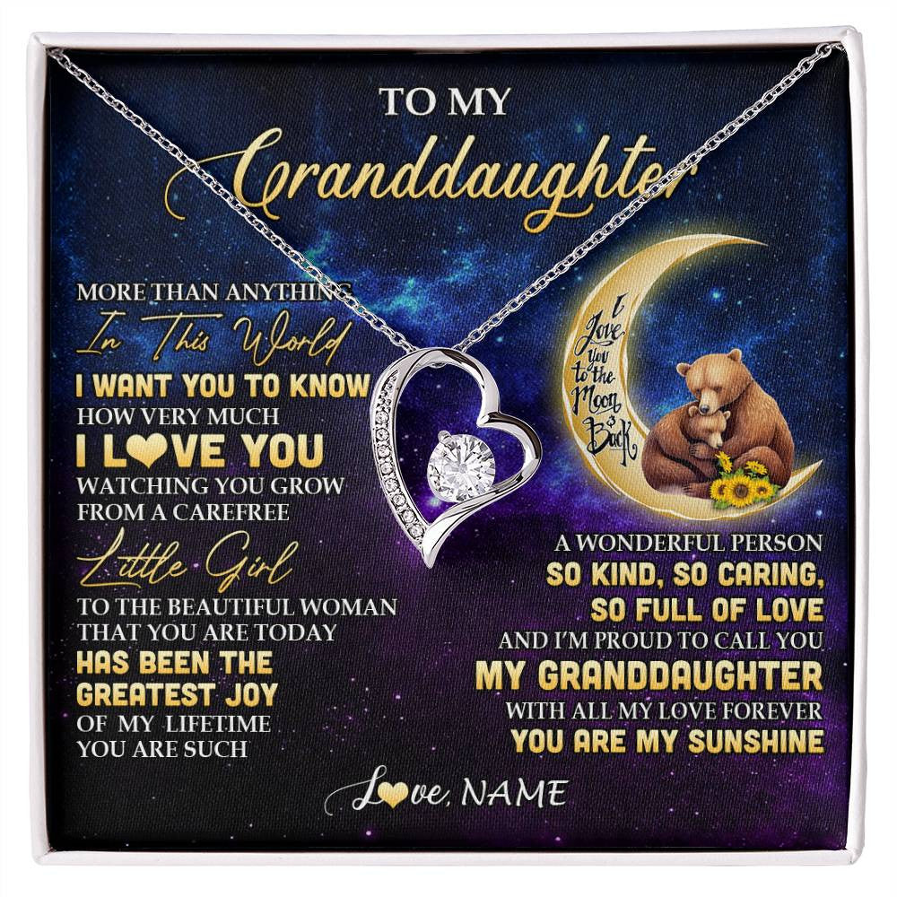 Forever Love Necklace 14K White Gold Finish | 1 | Personalized To My Granddaughter Necklace Positive Energy Encourage Brave Little Bear Granddaughter Birthday Gifts Christmas Customized Gift Box Message Card | siriusteestore