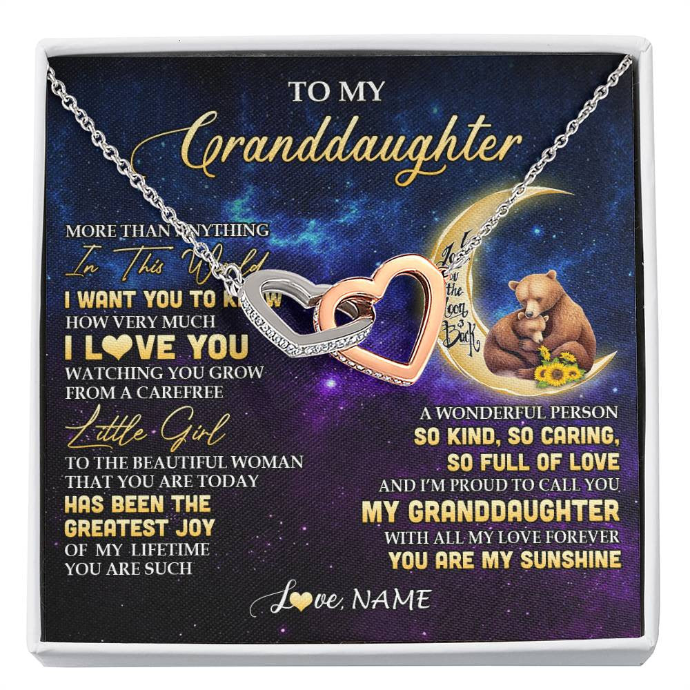 Interlocking Hearts Necklace Stainless Steel & Rose Gold Finish | 1 | Personalized To My Granddaughter Necklace Positive Energy Encourage Brave Little Bear Granddaughter Birthday Gifts Christmas Customized Gift Box Message Card | siriusteestore