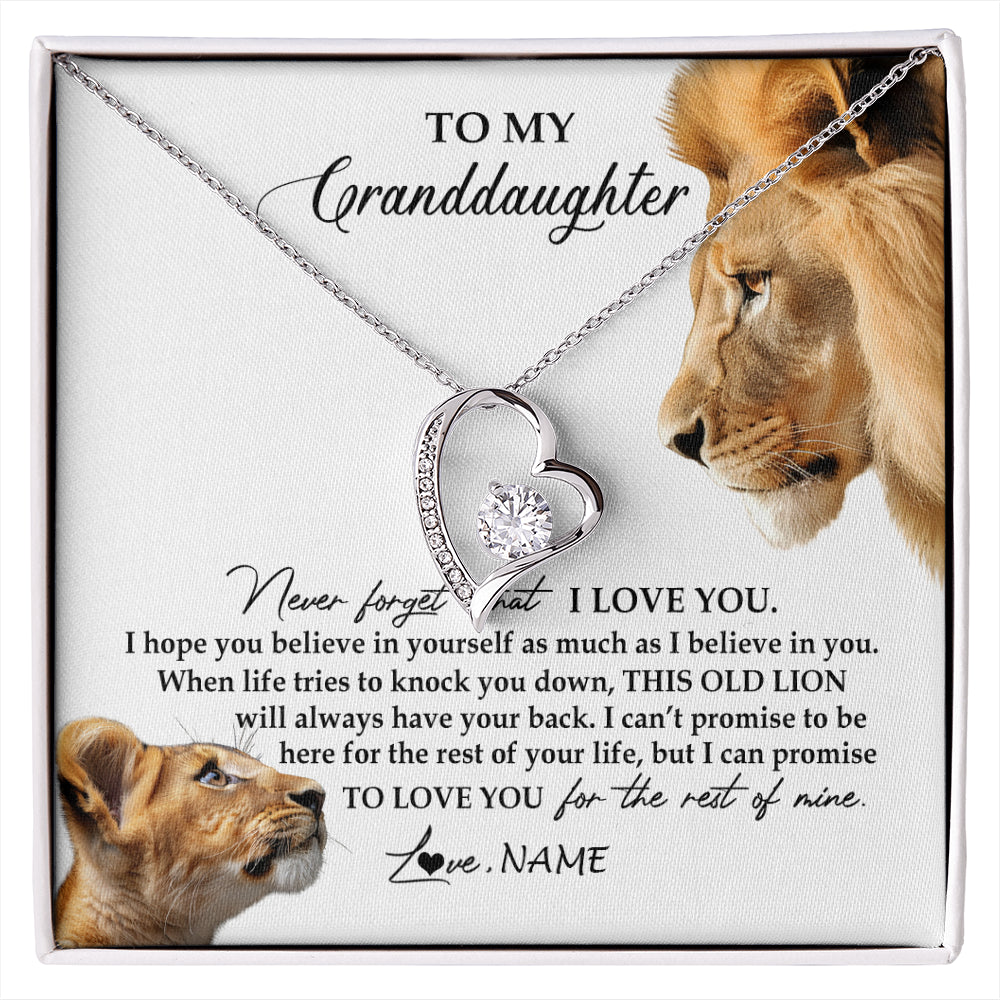 Forever Love Necklace 14K White Gold Finish | 1 | Personalized To My Granddaughter Necklace from Grandpa Papa Never Forget I Love You Lion Jewelry Granddaughter Birthday Christmas Customized Message Card | siriusteestore