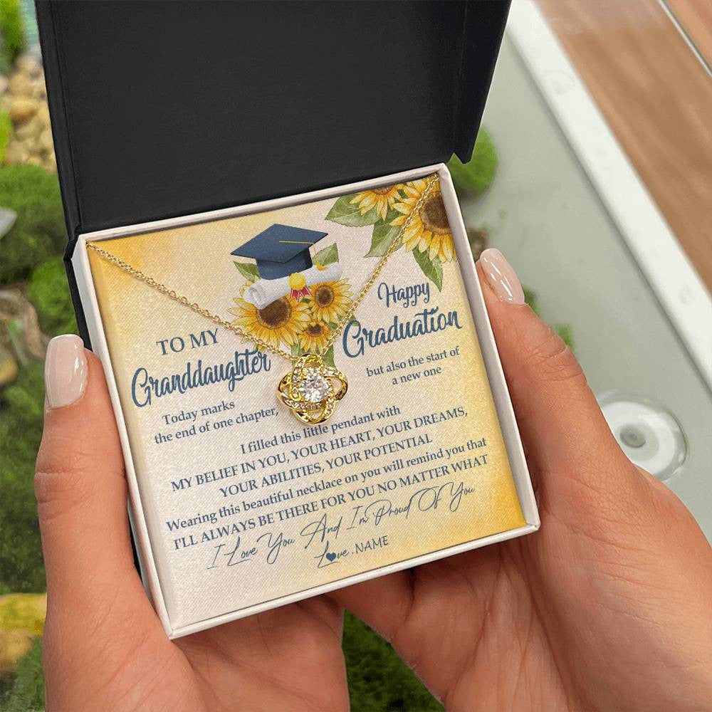 Love Knot Necklace 18K Yellow Gold Finish | Personalized To My Granddaughter On Her Graduation Day Necklace Flower I Love You I'm Proud Of You Class of 2023 Jewelry Customized Gift Box Message Card | siriusteestore
