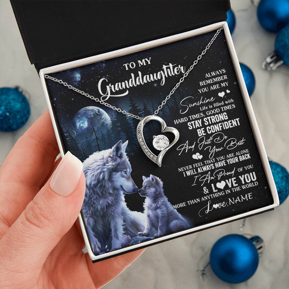 Forever Love Necklace 14K White Gold Finish | 2 | Personalized To My Granddaughter Wolf Necklace From Grandma Grandpa Always Remember Granddaughter Birthday Christmas Customized Gift Box Message Card | siriusteestore