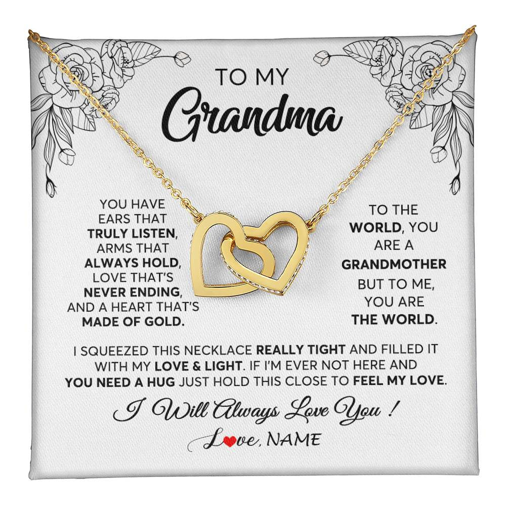Interlocking Hearts Necklace 18K Yellow Gold Finish | 1 | Personalized To My Grandma Necklace From Grandkids Granddaughter Hold This Close Feel My Love Grandma Birthday Mothers Day Customized Gift Box Message Card | siriusteestore