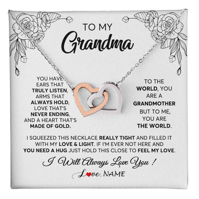 Interlocking Hearts Necklace Stainless Steel & Rose Gold Finish | 1 | Personalized To My Grandma Necklace From Grandkids Granddaughter Hold This Close Feel My Love Grandma Birthday Mothers Day Customized Gift Box Message Card | siriusteestore