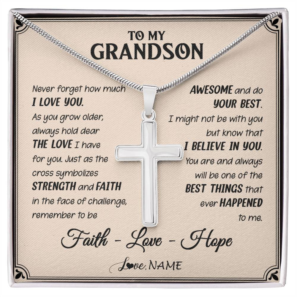 Stainless Cross Necklace Stainless Steel | 1 | Personalized To My Grandson Cross Necklace From Grandpa Grandpa Strength And Faith Grandson Birthday Christmas Graduation Customized Gift Box Message Card | siriusteestore