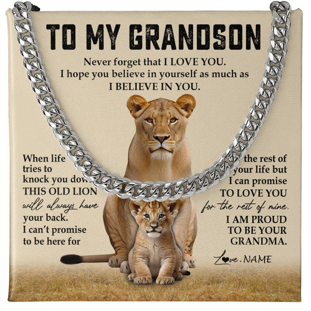 Cuban Link Chain Necklace Stainless Steel | 1 | Personalized To My Grandson Cuban Necklace From Grandma Never Forget That I Love You Lion Grandson Birthday Christmas Customized Gift Box Message Card | siriusteestore