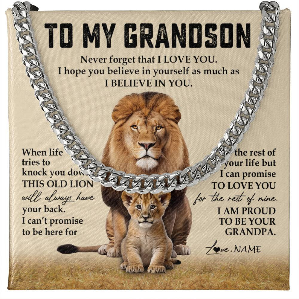 Cuban Link Chain Necklace Stainless Steel | 1 | Personalized To My Grandson Cuban Necklace From Grandpa Never Forget That I Love You Lion Grandson Birthday Christmas Customized Gift Box Message Card | siriusteestore
