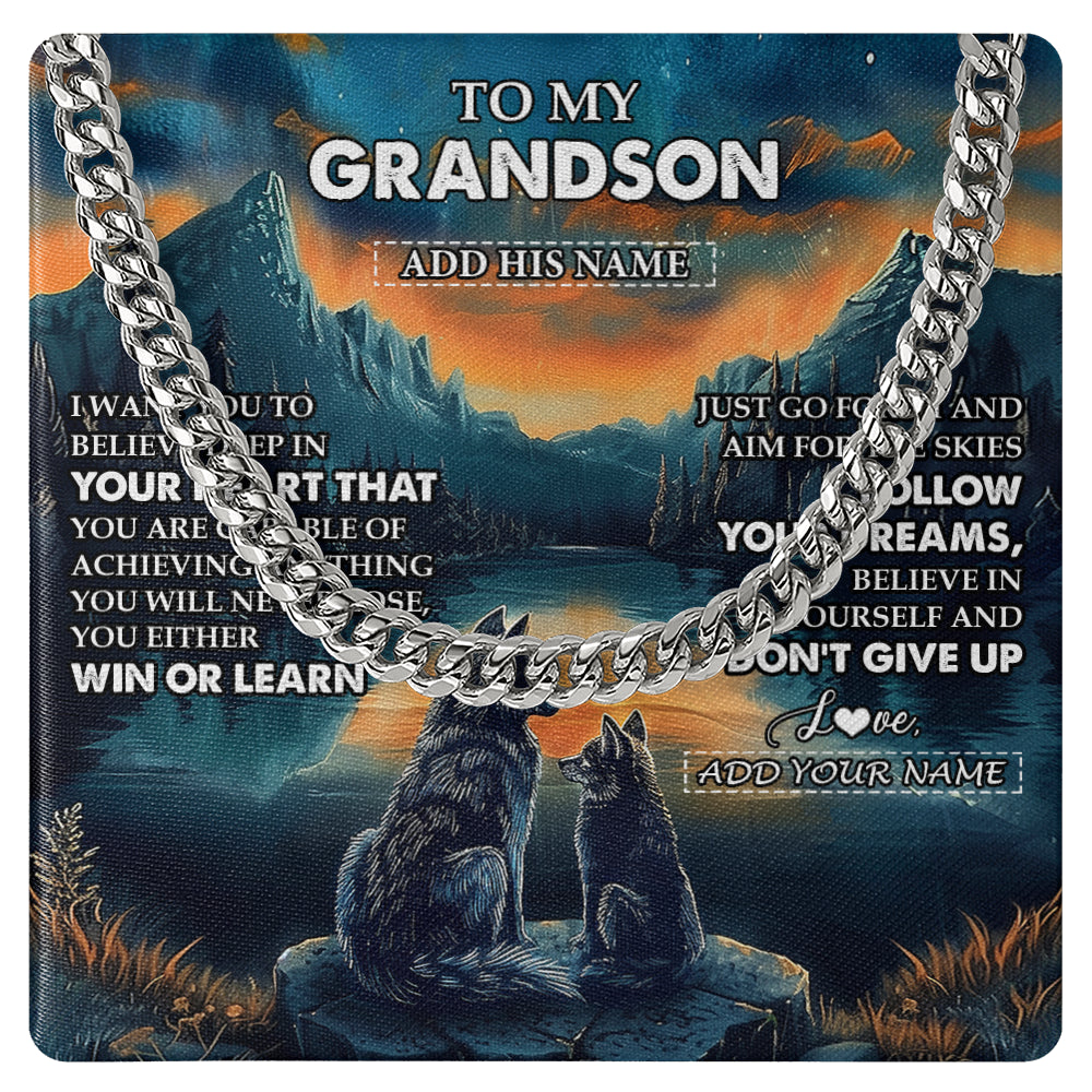 Cuban Link Chain Necklace Stainless Steel | 1 | Personalized To My Grandson Gifts From Grandma Grandpa Necklace Don't Give Up Wolf Gifts For Grandson Birthday Graduation Christmas Gift Box Message Card | siriusteestore
