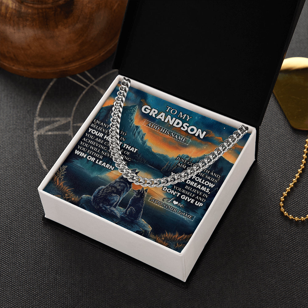 Cuban Link Chain Necklace Stainless Steel | 2 | Personalized To My Grandson Gifts From Grandma Grandpa Necklace Don't Give Up Wolf Gifts For Grandson Birthday Graduation Christmas Gift Box Message Card | siriusteestore