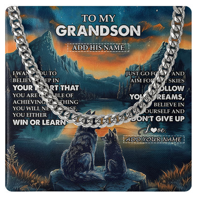 Cuban Link Chain Necklace Stainless Steel | 1 | Personalized To My Grandson Gifts From Grandma Grandpa Necklace Don't Give Up Wolf Gifts For Grandson Birthday Graduation Christmas Gift Box Message Card | siriusteestore