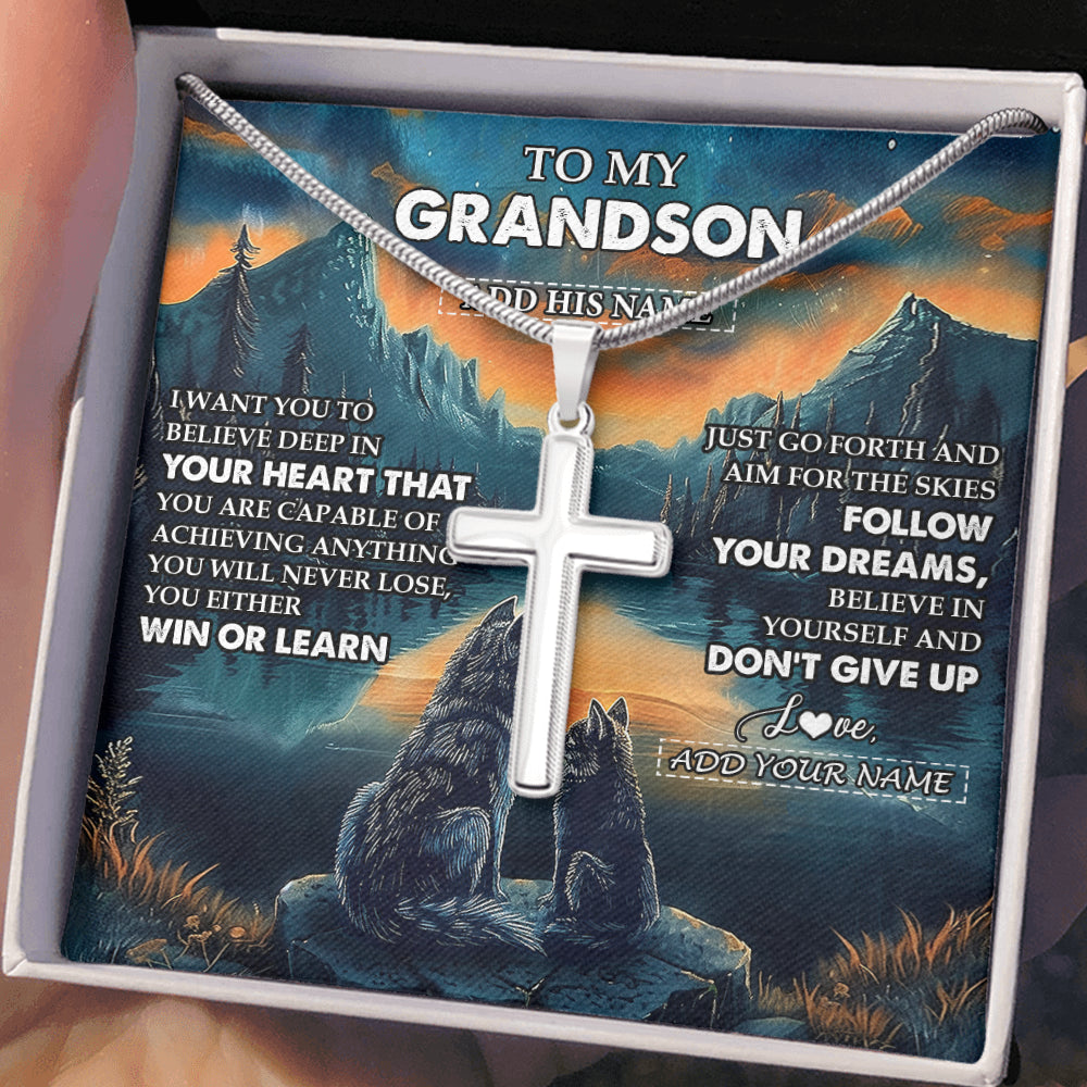 Stainless Cross Necklace Stainless Steel | 2 | Personalized To My Grandson Gifts From Grandma Grandpa Necklace Don't Give Up Wolf Gifts For Grandson Birthday Graduation Christmas Gift Box Message Card | siriusteestore