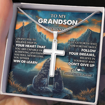 Stainless Cross Necklace Stainless Steel | 2 | Personalized To My Grandson Gifts From Grandma Grandpa Necklace Don't Give Up Wolf Gifts For Grandson Birthday Graduation Christmas Gift Box Message Card | siriusteestore