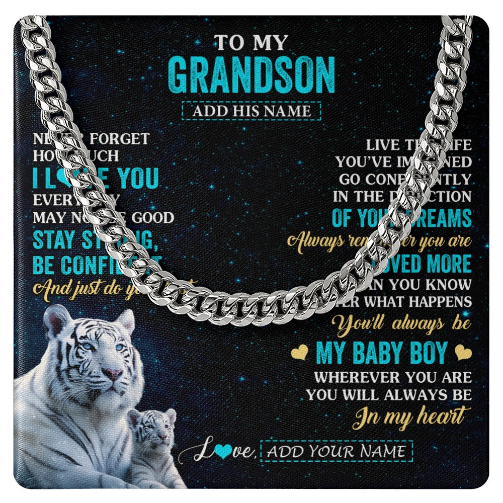 Cuban Link Chain Necklace Stainless Steel | 1 | Personalized To My Grandson Gifts From Grandma Grandpa Necklace White Tiger Never Forget How Much I Love You Grandson Birthday Christmas Gift Box Message Card | siriusteestore.myshopify