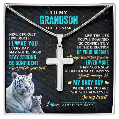 Stainless Cross Necklace Stainless Steel | 1 | Personalized To My Grandson Gifts From Grandma Grandpa Necklace White Tiger Never Forget How Much I Love You Grandson Birthday Christmas Gift Box Message Card | siriusteestore.myshopify