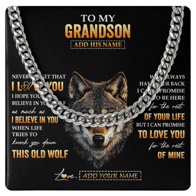 Cuban Link Chain Necklace Stainless Steel | 1 | Personalized To My Grandson Gifts From Grandpa Grandma Necklace Old Wolf Love You Grandson Birthday Gifts Graduation Christmas Custom Gift Box Message Card | siriusteestore