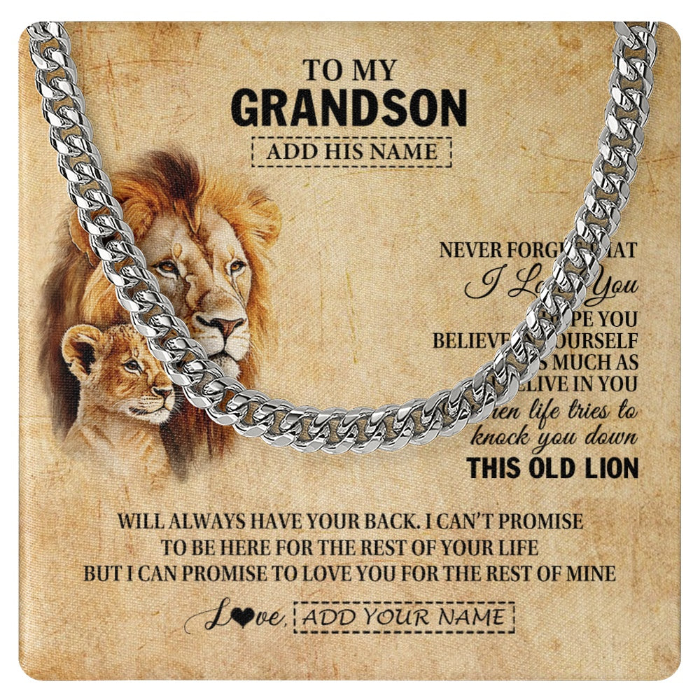 Cuban Link Chain Necklace Stainless Steel | 1 | Personalized To My Grandson Gifts From Grandpa Papa Lion Necklace I Love You Grandson Birthday Gifts Graduation Christmas Customized Gift Box Message Card | siriusteestore.myshopify