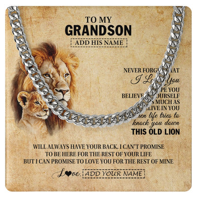 Cuban Link Chain Necklace Stainless Steel | 1 | Personalized To My Grandson Gifts From Grandpa Papa Lion Necklace I Love You Grandson Birthday Gifts Graduation Christmas Customized Gift Box Message Card | siriusteestore.myshopify