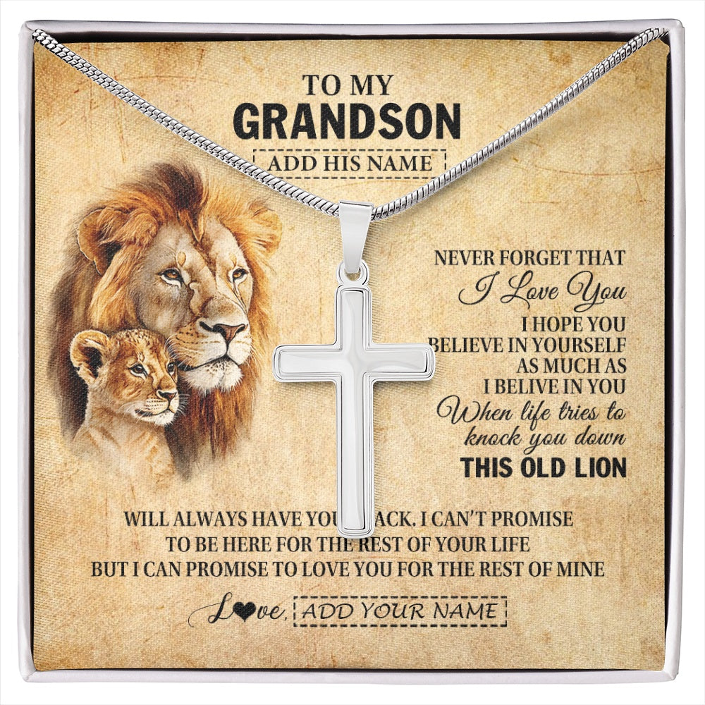 Stainless Cross Necklace Stainless Steel | 1 | Personalized To My Grandson Gifts From Grandpa Papa Lion Necklace I Love You Grandson Birthday Gifts Graduation Christmas Customized Gift Box Message Card | siriusteestore.myshopify