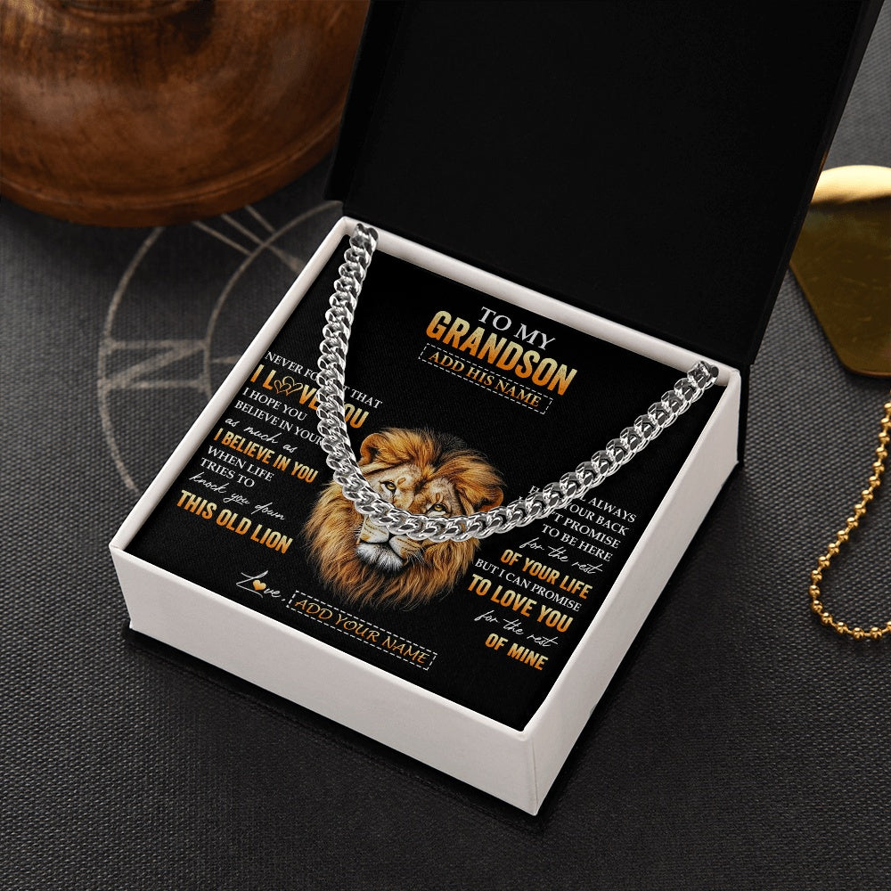Cuban Link Chain Necklace Stainless Steel | 2 | Personalized To My Grandson Gifts From Grandpa Papa Necklace Old Lion Love You Grandson Birthday Gifts Graduation Christmas Custom Gift Box Message Card | siriusteestore.myshopify